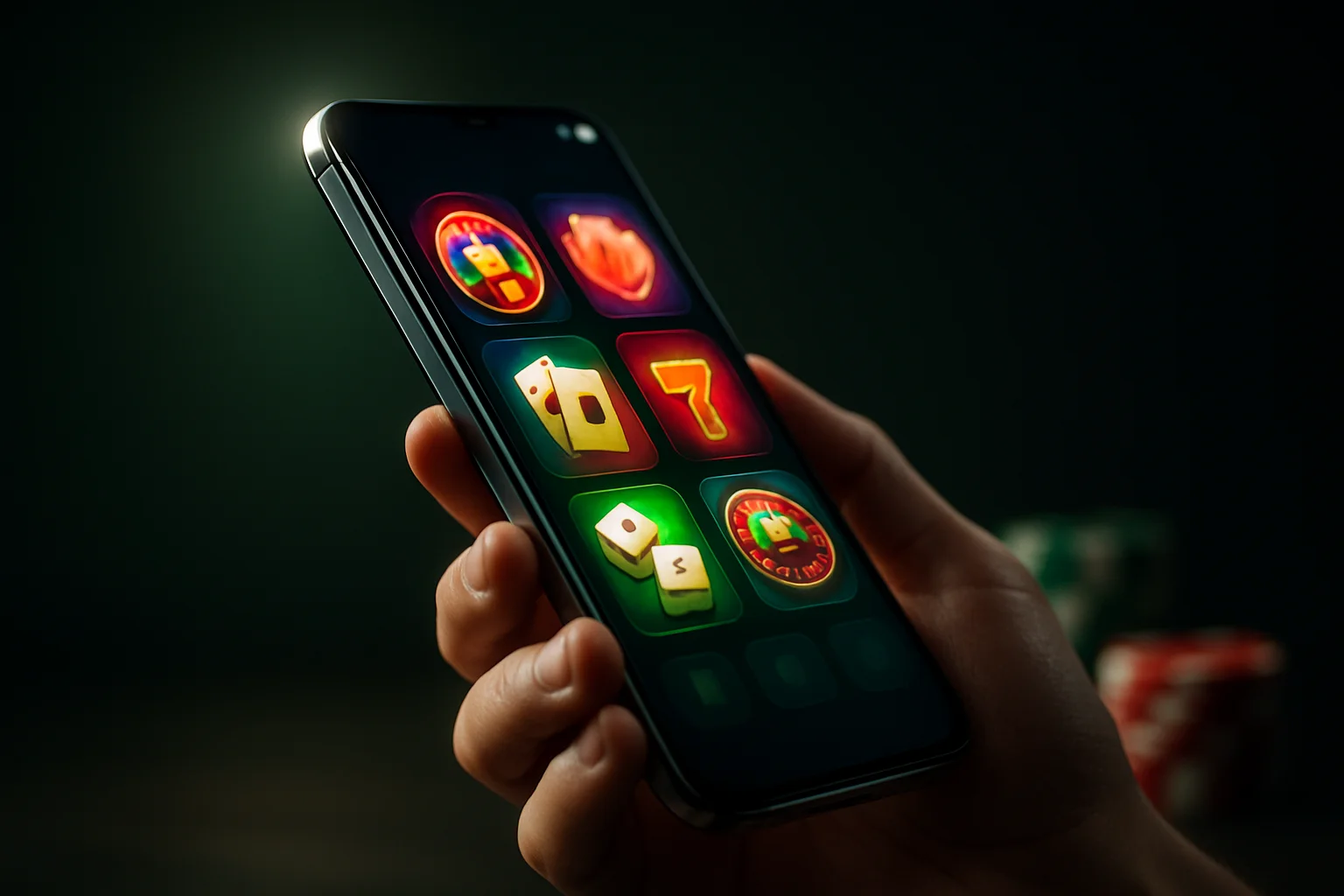 Flagship Android smartphone displaying vivid casino app interface in dramatic lighting