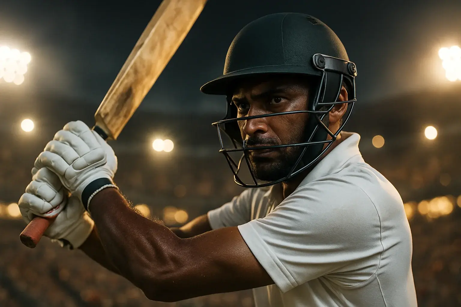 Bangladeshi male cricket batsman mid-swing under dramatic stadium floodlights