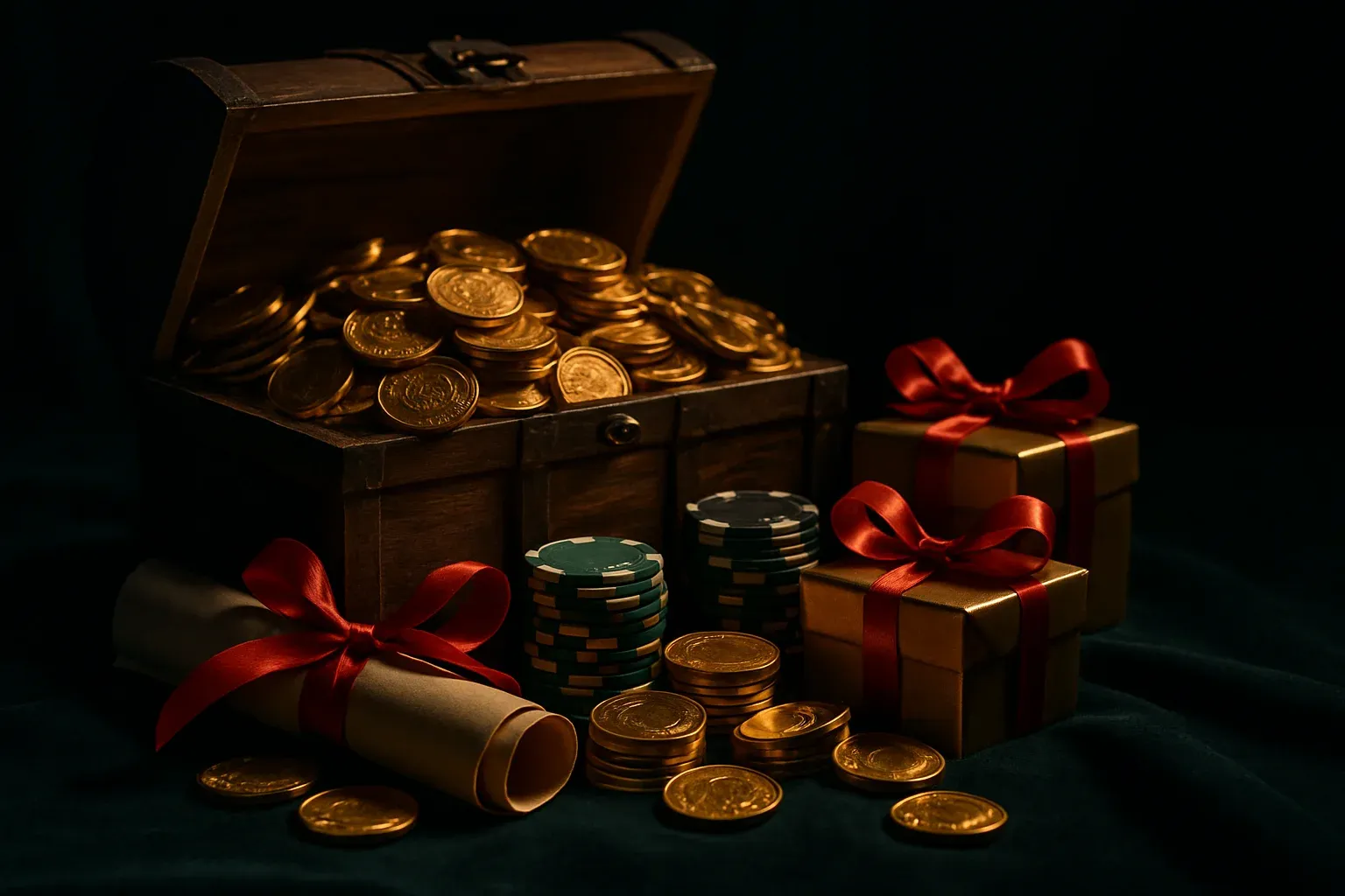 Overflowing treasure chest with gold coins, casino chips, vouchers, and gift boxes