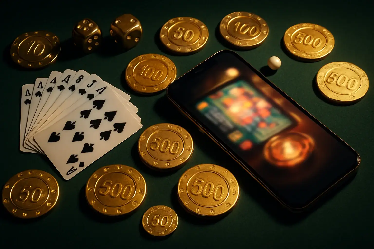 Top-down casino table with golden chips, cards, dice, roulette ball, smartphone