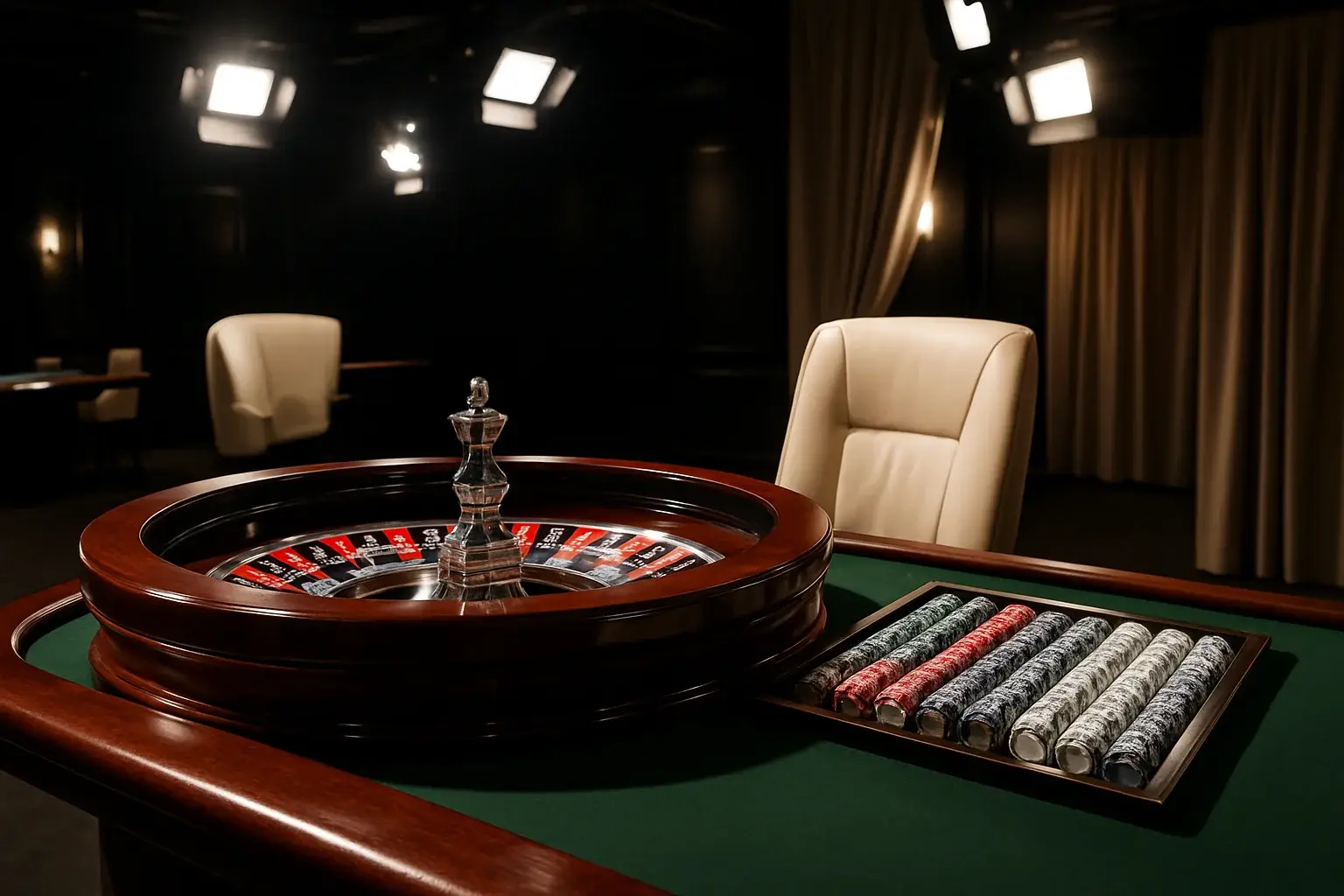 Hyperrealistic live casino studio with empty roulette table and dramatic lighting