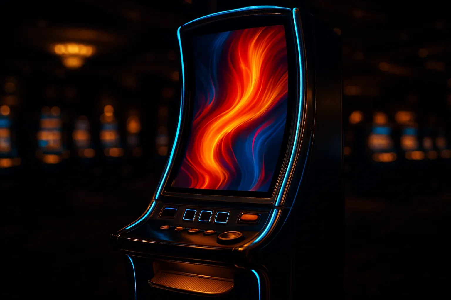 Hyperrealistic premium slot machine glowing in dark luxury casino floor